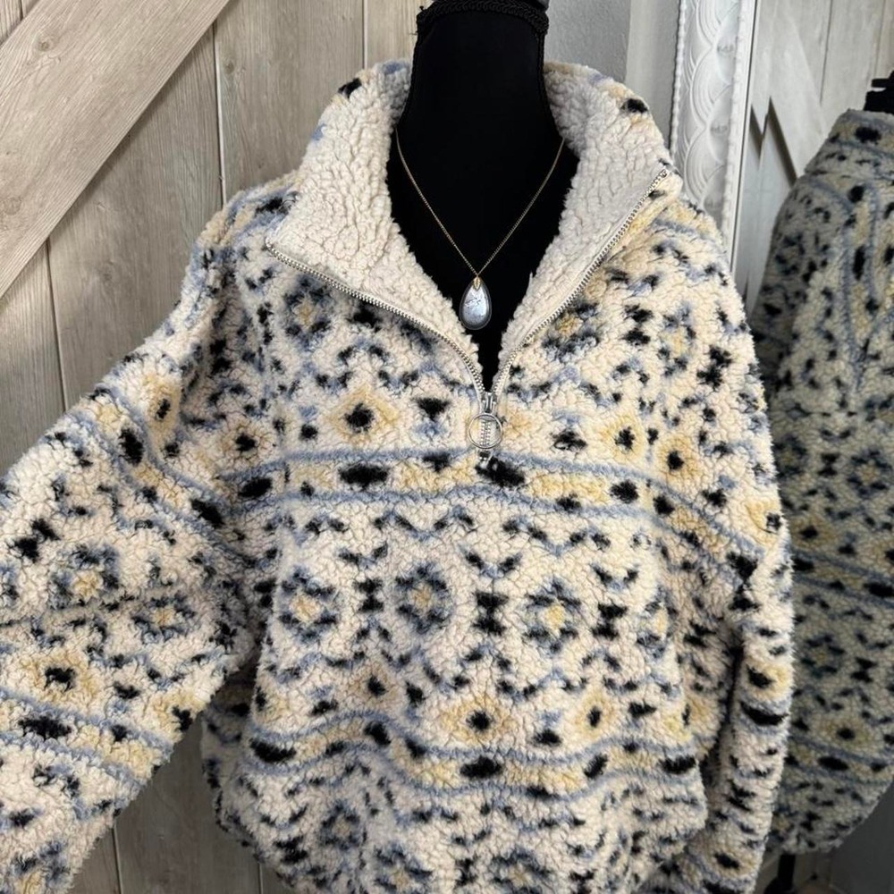 Vintage Style Patterned Teddy Fleece Half Zip Sweater - XL